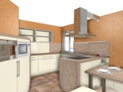 Küche in beige mit Holz-Arbeitsplatte 